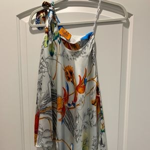 Asymmetrical silk print blouse